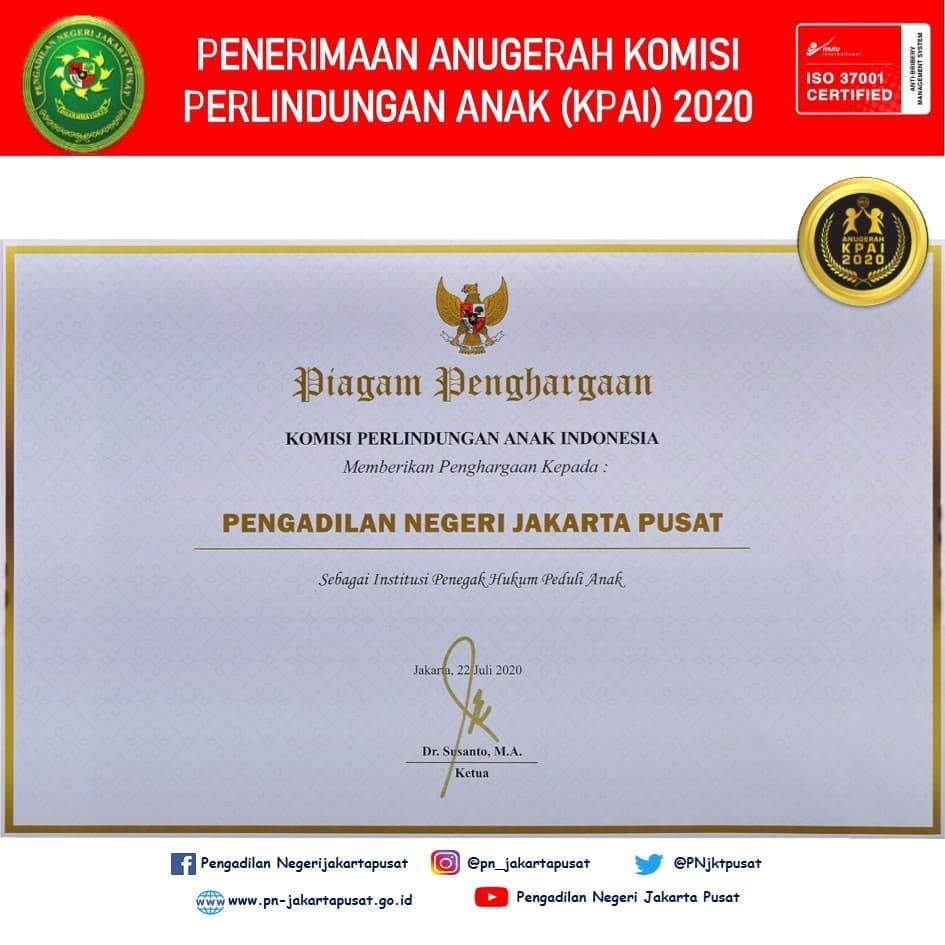 ANUGERAH KOMISI PERLINDUNGAN ANAK INDONESIA (KPAI) DALAM RANGKA HARI ANAK NASIONAL TAHUN 2020