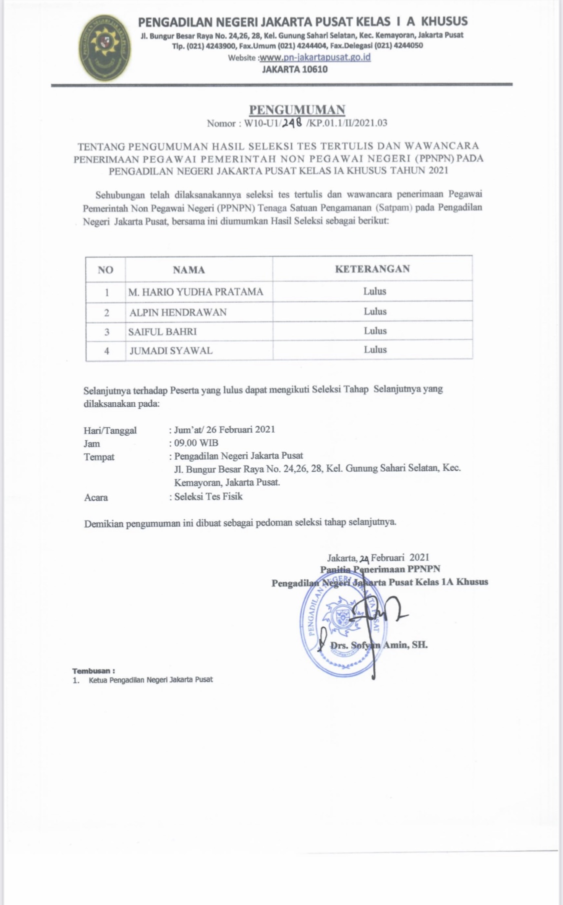 JADWAL SELEKSI TES FISIK CALON TENAGA SATPAM