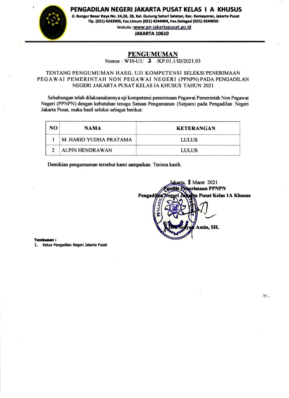 PENGUMUMAN HASIL KELULUSAN TENAGA SATPAM