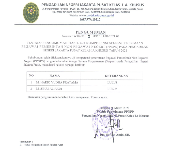 PENGUMUMAN HASIL UJI KOMPETENSI SELEKSI TENAGA SATPAM