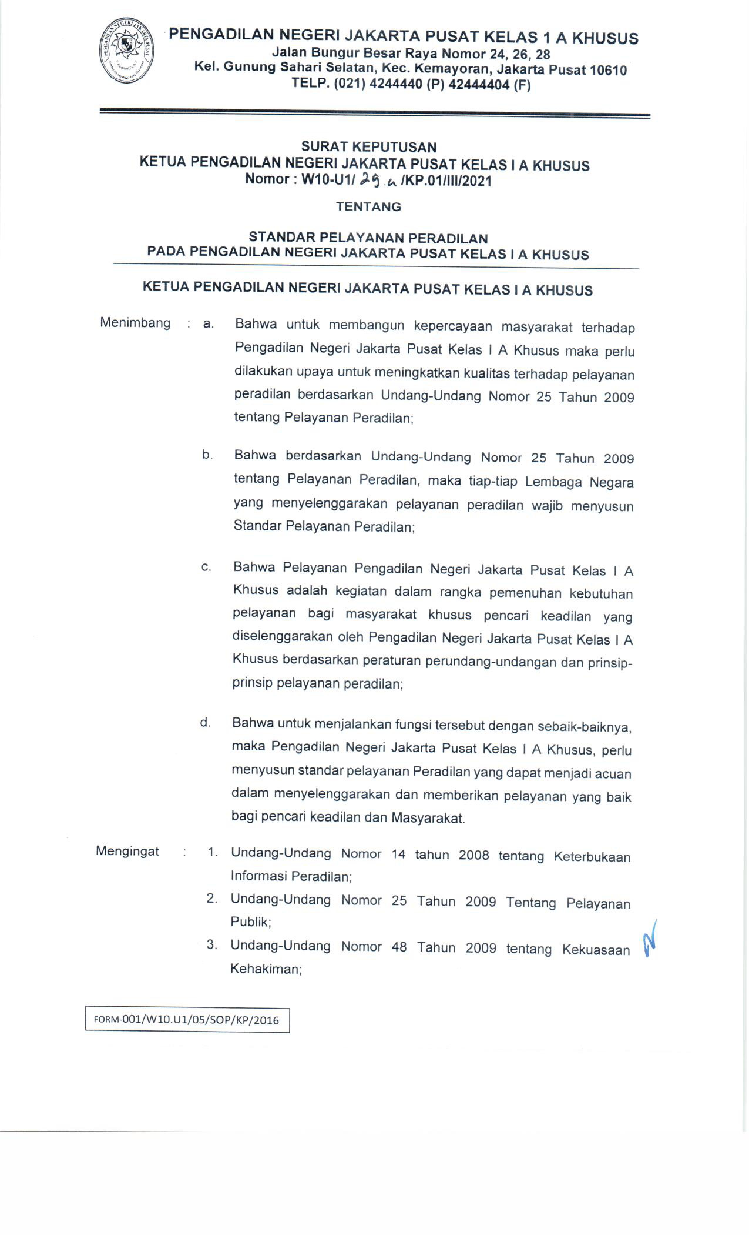 STANDAR PELAYANAN PERADILAN PADA PN JAKARTA PUSAT