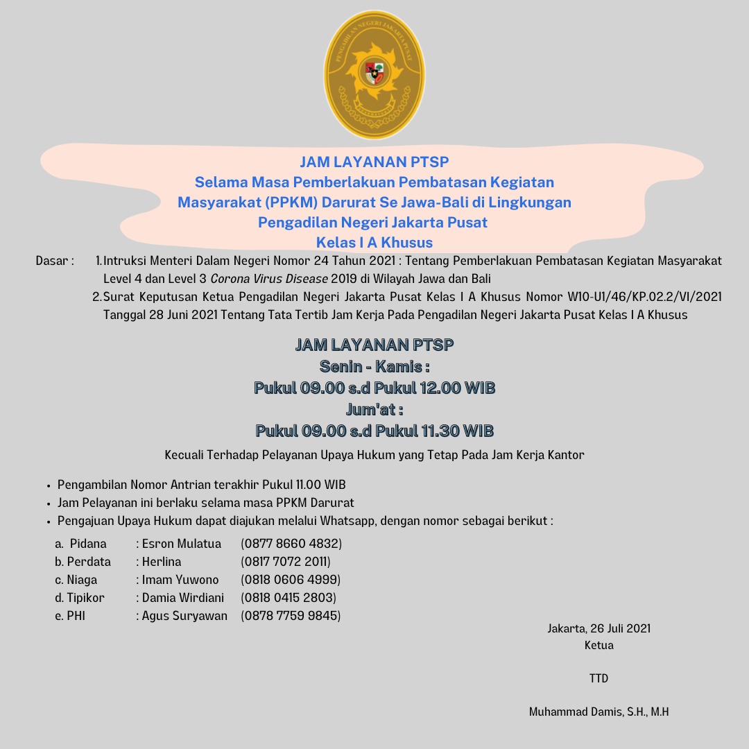 JAM OPERASIONAL PTSP SELAMA MASA PPKM LEVEL 4 & LEVEL 3