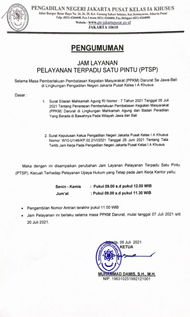 JAM OPERASIONAL PELAYANAN TERPADU SATU PINTU (PTSP) SELAMA PPKM DARURAT