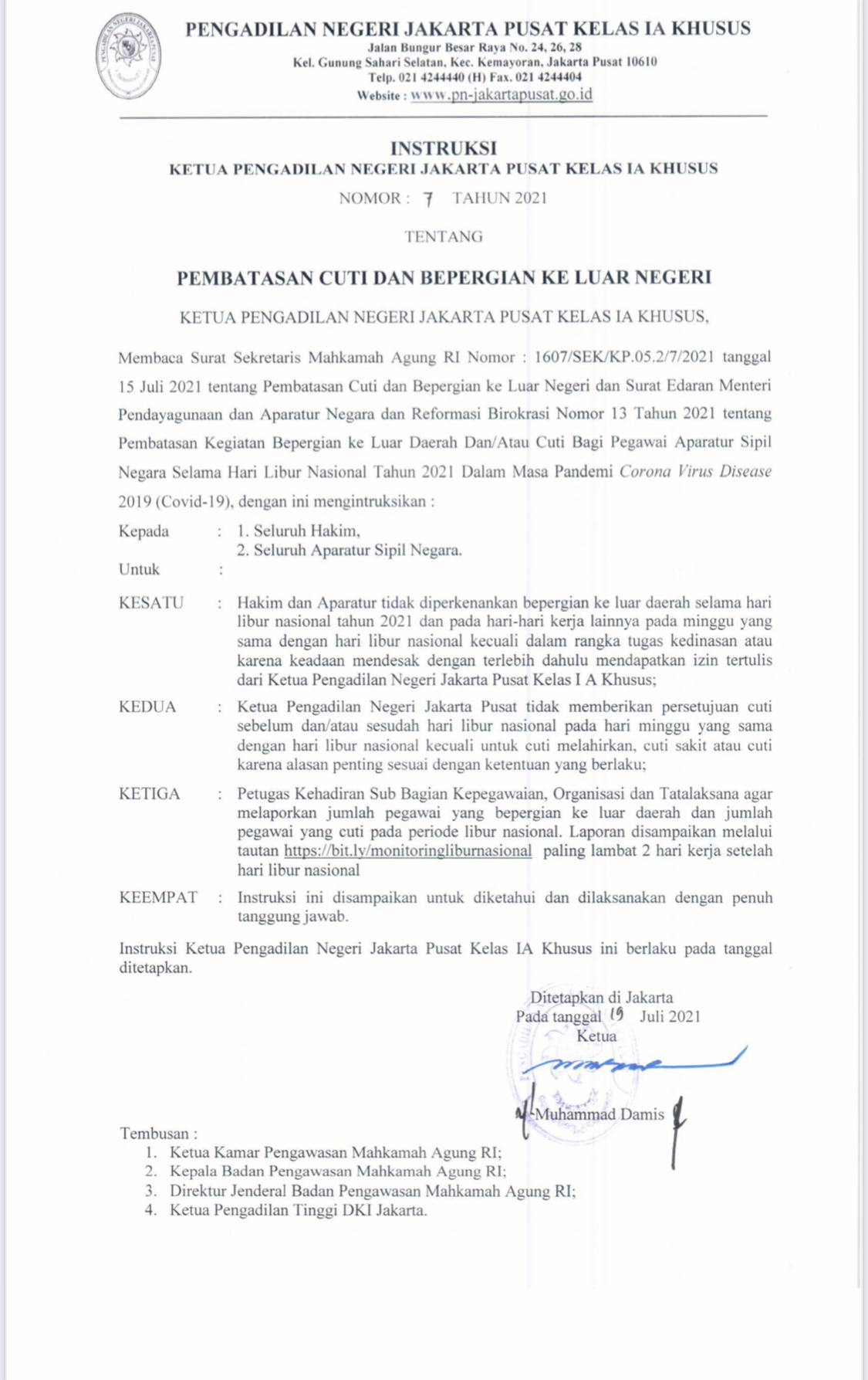 INSTRUKSI  : PEMBATASAN CUTI & BEPERGIAN KELUAR NEGERI