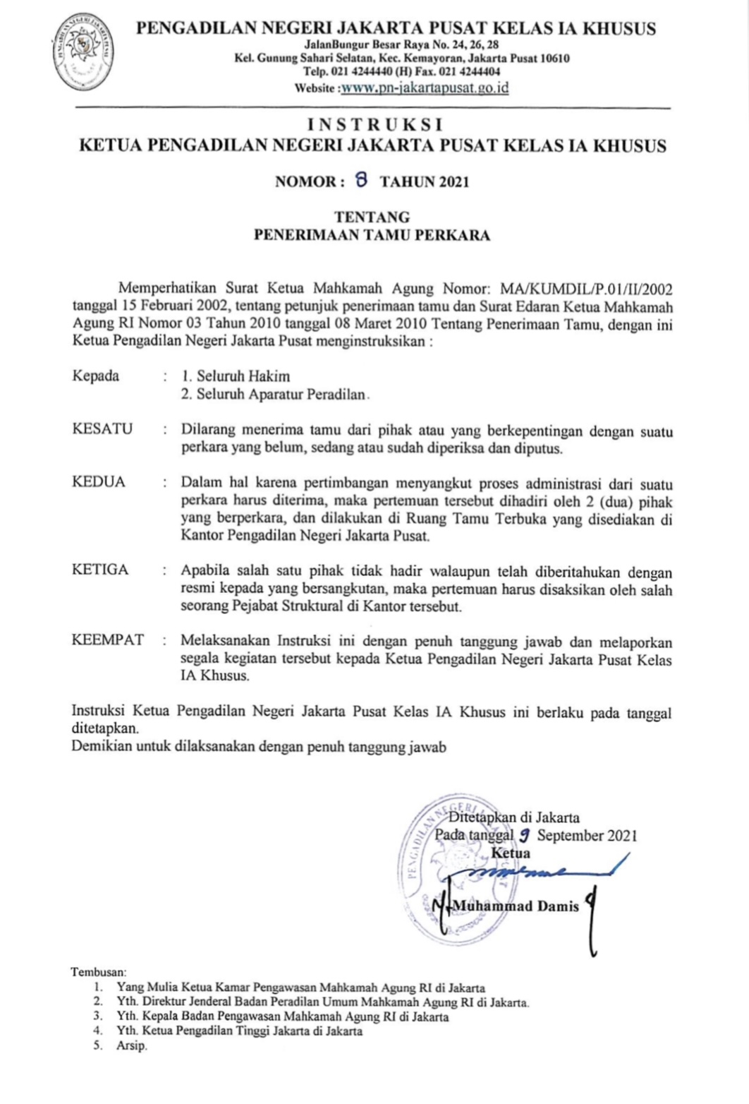 INSTRUKSI TENTANG PENERIMAAN TAMU PERKARA