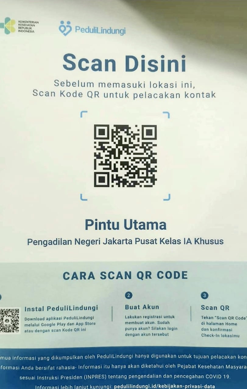 INGAT! MASUK PN JAKARTA PUSAT WAJIB SCAN PEDULILINDUNGI