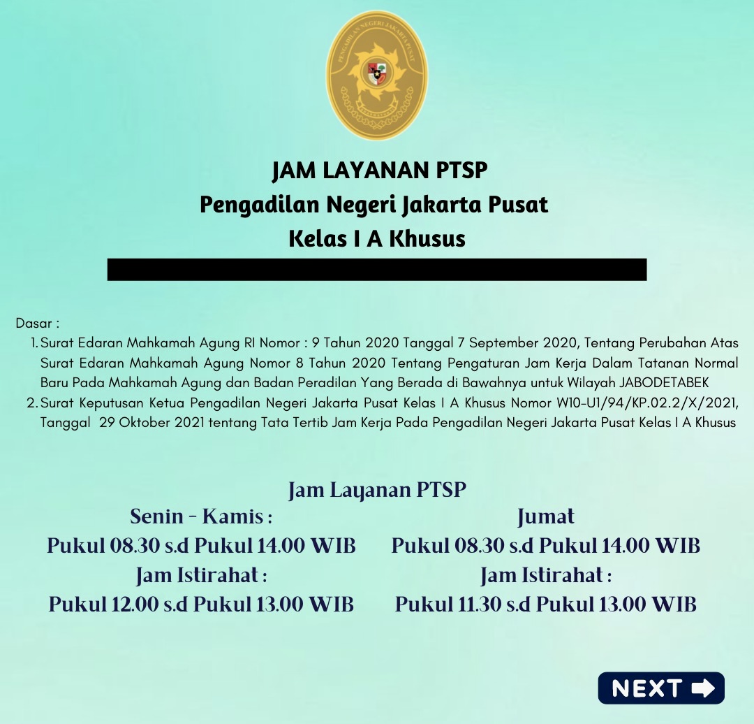 JAM OPERASIONAL LOKET PTSP PN JAKARTA PUSAT