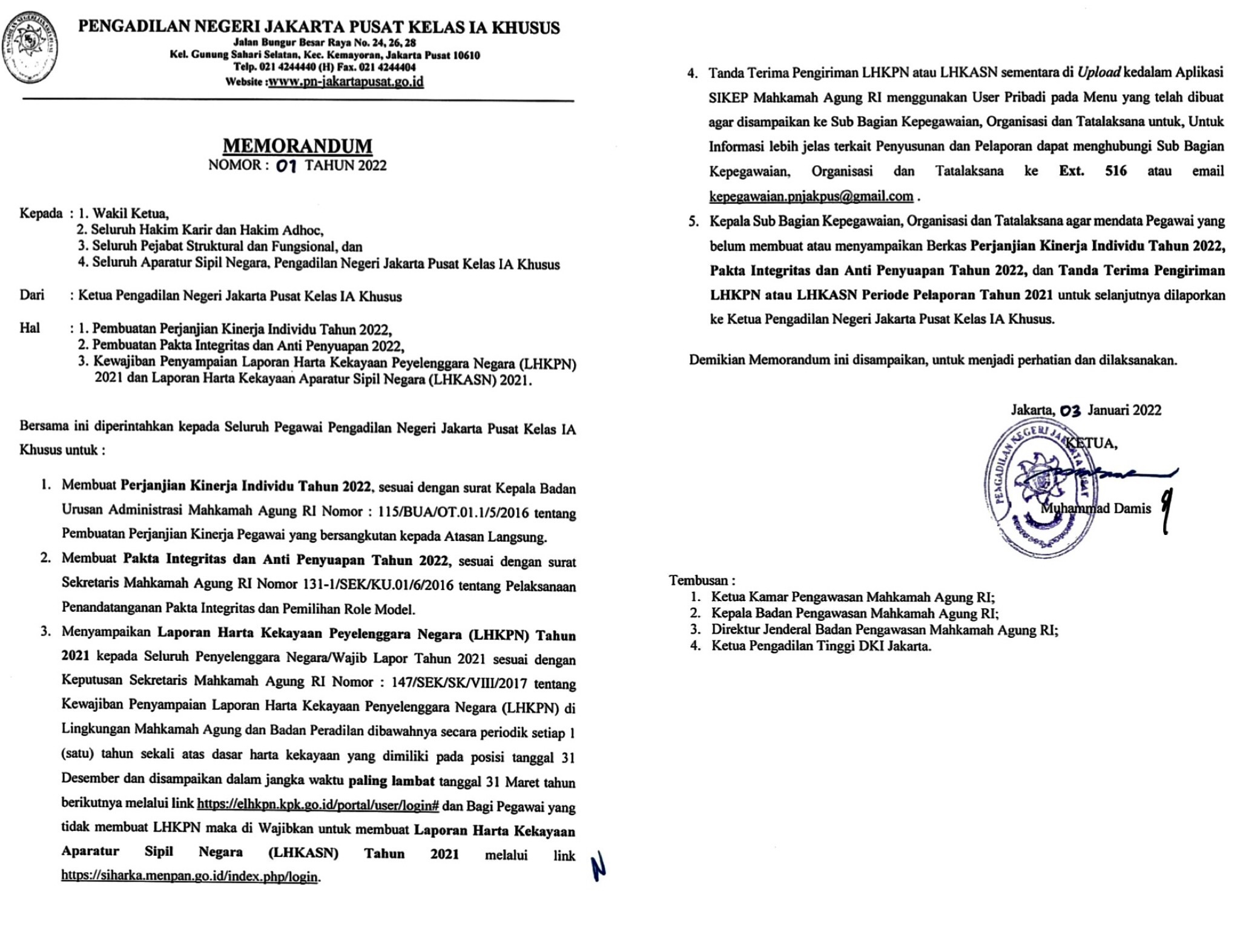 MEMORANDUM NOMOR 1 TAHUN 2022