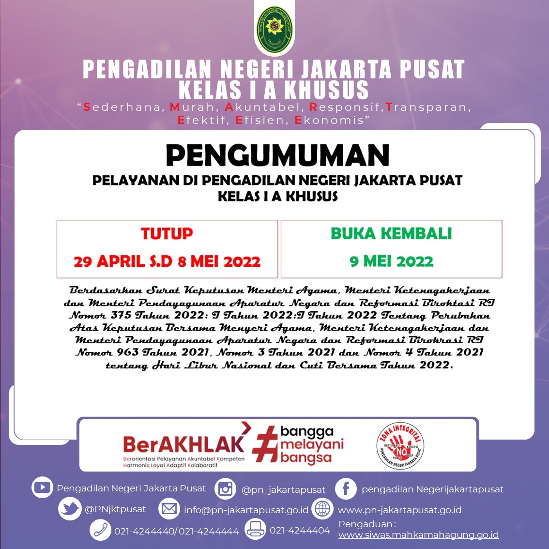 PENGUMUMAN PELAYANAN PADA PENGADILAN NEGERI JAKARTA PUSAT KELAS I A KHUSUS