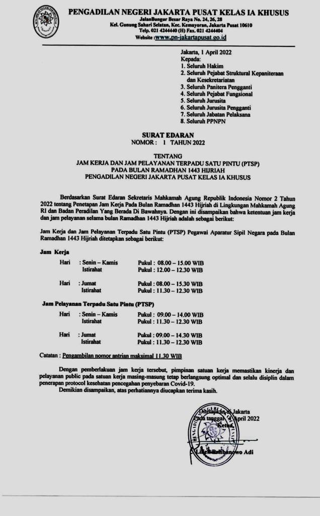 JAM KERJA DAN JAM PELAYANAN PTSP SELAMA BULAN RAMADHAN