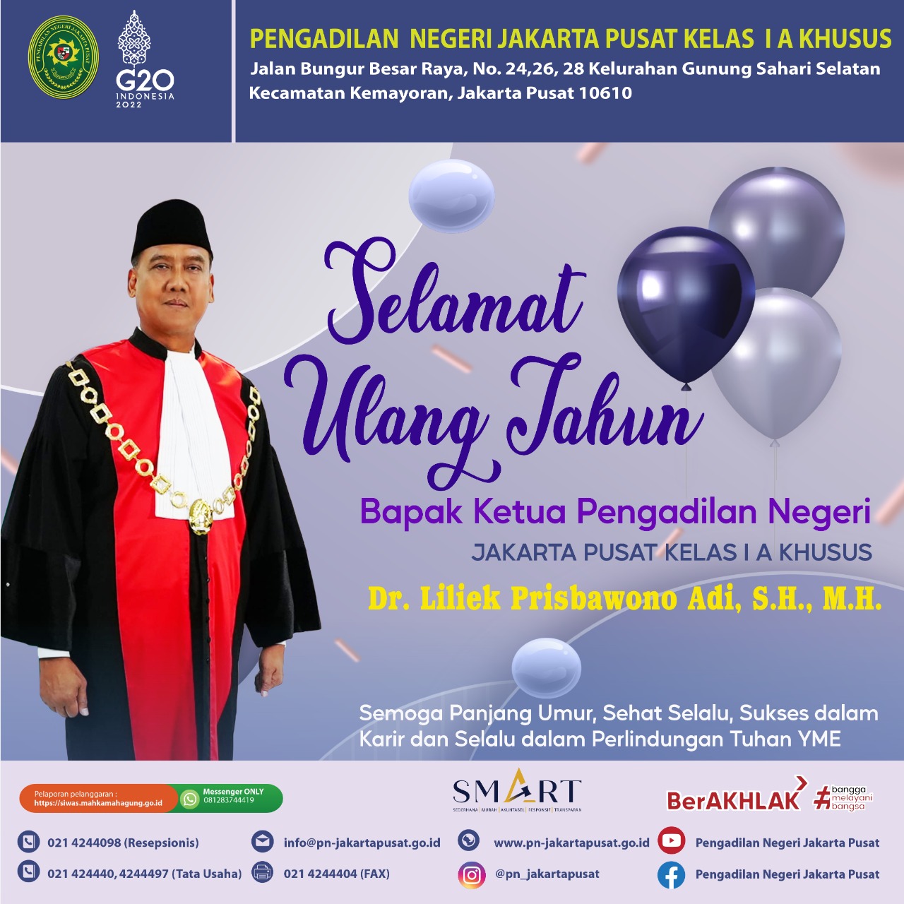 SELAMAT ULANG TAHUN KETUA PENGADILAN NEGERI JAKARTA PUSAT - Bpk Dr. LILIEK PRISBAWONO ADI, S.H., M.H