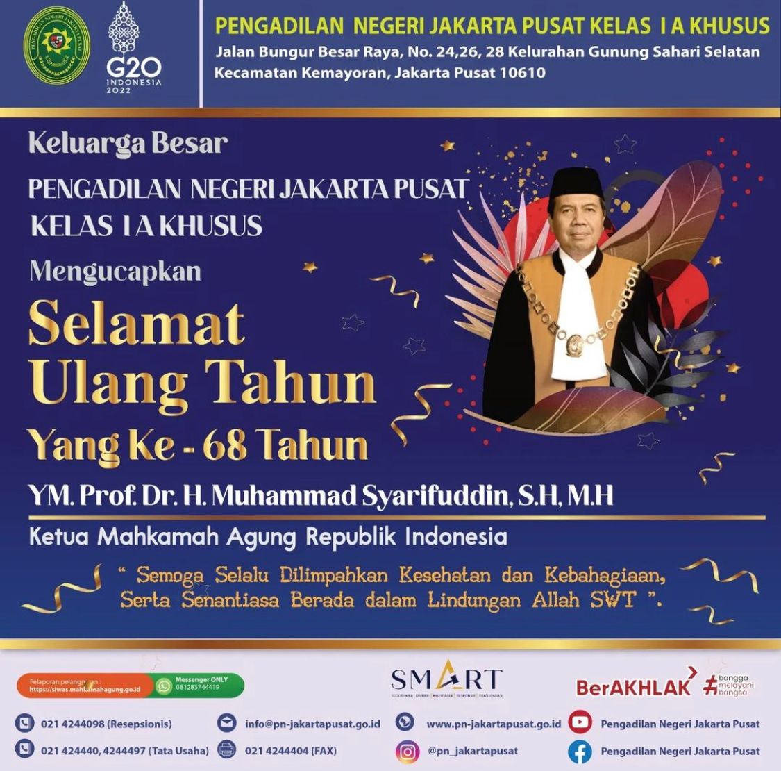 SELAMAT ULANG TAHUN KE-68 KETUA MAHKAMAH AGUNG RI - YM Prof. Dr. H. M. SYARIFUDDIN, S.H., M.H.