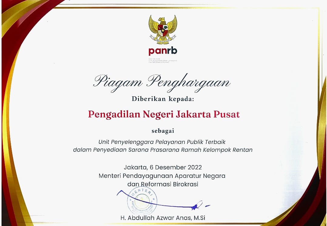 PENGADILAN NEGERI JAKARTA PUSAT RAIH PENGHARGAAN- PENYEDIA SARANA PRASARANA KELOMPOK RENTAN TERBAIK